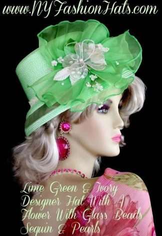 Lime Green Ivory Designer Hat For Women, Dress Hats For Weddings