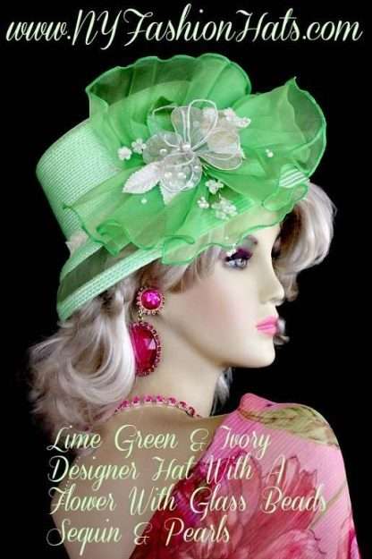 Lime Green Ivory Designer Hat For Women, Dress Hats For Weddings