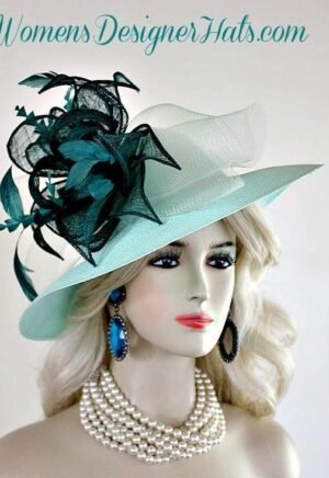 Ladies Mint Jade Green Wide Brim Formal Wedding Hat Couture Dress Hats 909