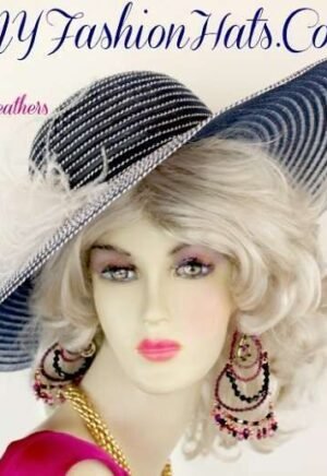 Navy Blue White Wide Brim Designer Hat With Feathers NY Fashion Hats