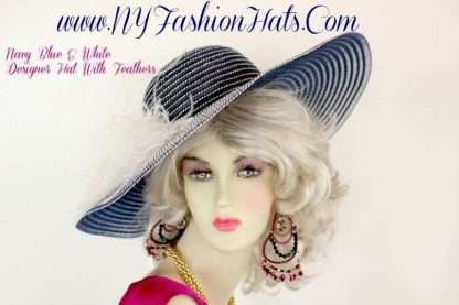 Navy Blue White Wide Brim Designer Hat With Feathers NY Fashion Hats