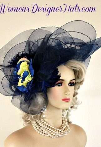 Navy Blue Lime Celery Yellow Couture Designer Fashion Hat, Church Wedding Derby Hats 5VM8