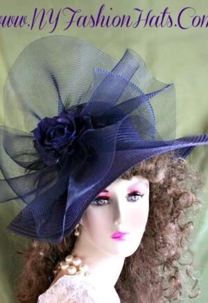 Ladies Women's Navy Blue Wide Brim Designer Hat With A Silk Rose T8872