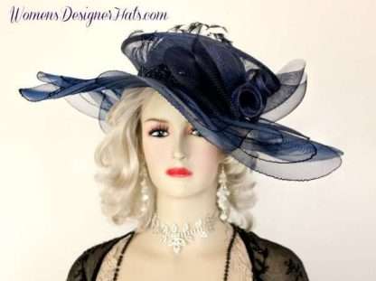 Kentucky Derby Hats Navy Blue Crin Straw Women's Designer Dress Hat