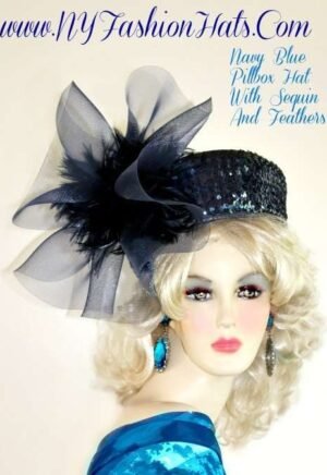 Ladies Navy Blue Designer Sequin Pillbox Hat NY Fashion Hats 3GM
