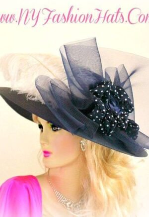 Navy Blue White Designer Wide Brim Hat Ladies Dress Tea Hats 7UBN
