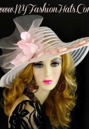 White Wide Brim Hat With Pink Patent Leather Flowers Ladies Hats 221 