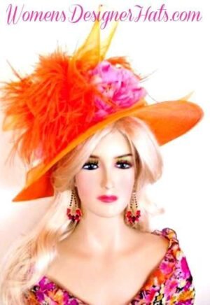 Womens Haute Couture Designer Hats, Avant Garde Dress Hats, Formal Wedding Hats, Mother Of The Bride Hats, Bridal Fascinator, Pillbox Hats, Satin Hats, Large Brim Hats, Kentucky Derby Hats, Hats For Horse Races, hatswomens.com, Kentucky Derby Hat Orange Pink Designer Hats For Women Wide Brim