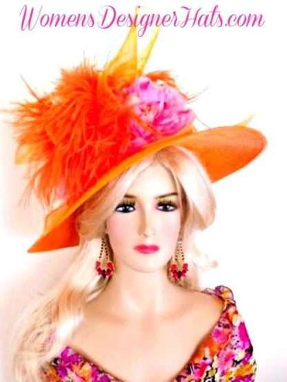 Womens Haute Couture Designer Hats, Avant Garde Dress Hats, Formal Wedding Hats, Mother Of The Bride Hats, Bridal Fascinator, Pillbox Hats, Satin Hats, Large Brim Hats, Kentucky Derby Hats, Hats For Horse Races, hatswomens.com, Kentucky Derby Hat Orange Pink Designer Hats For Women Wide Brim