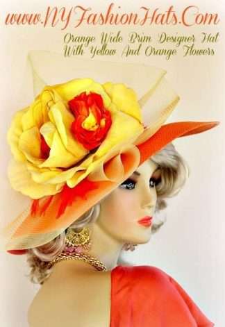 Orange Designer Kentucky Derby Hat Yellow Velvet Orange Silk Flowers