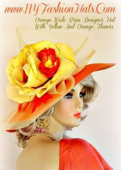 Orange Designer Kentucky Derby Hat Yellow Velvet Orange Silk Flowers