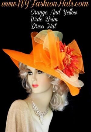 Ladies Orange Yellow Designer Hat With A Flower Church Dress Hats Y88