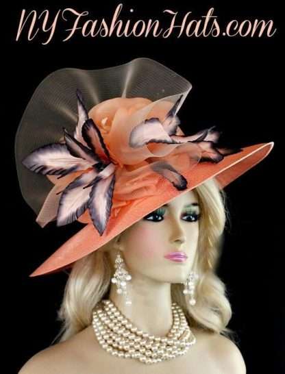 Ladies Peach Charcoal Grey Kentucky Derby Designer Hat NY Fashion Hats