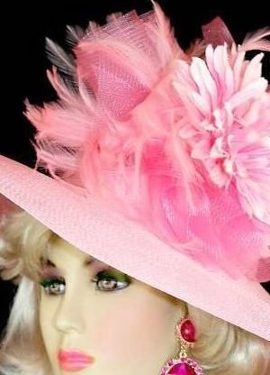 Womens Haute Couture Designer Hats, Avant Garde Dress Hats, Formal Wedding Hats, Mother Of The Bride Hats, Bridal Fascinator, Pillbox Hats, Satin Hats, Large Brim Hats, Kentucky Derby Hats, Hats For Horse Races, hatswomens.com, Ladies PInk Wide Brim Formal Church Wedding Dress Hat Millinery