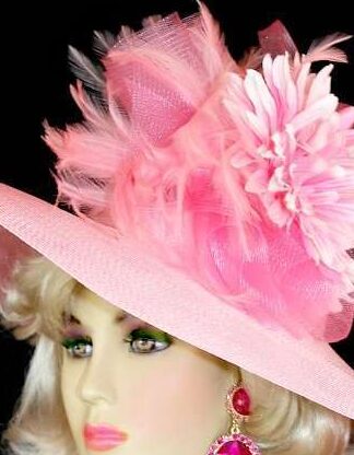 Womens Haute Couture Designer Hats, Avant Garde Dress Hats, Formal Wedding Hats, Mother Of The Bride Hats, Bridal Fascinator, Pillbox Hats, Satin Hats, Large Brim Hats, Kentucky Derby Hats, Hats For Horse Races, hatswomens.com, Ladies PInk Wide Brim Formal Church Wedding Dress Hat Millinery