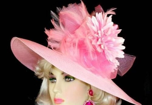 Womens Haute Couture Designer Hats, Avant Garde Dress Hats, Formal Wedding Hats, Mother Of The Bride Hats, Bridal Fascinator, Pillbox Hats, Satin Hats, Large Brim Hats, Kentucky Derby Hats, Hats For Horse Races, hatswomens.com, Ladies PInk Wide Brim Formal Church Wedding Dress Hat Millinery