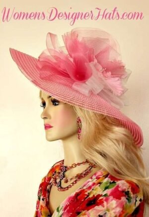 Pink White Wide Brim Kentucky Derby Oaks Hat, Womens Fashion Hats K21