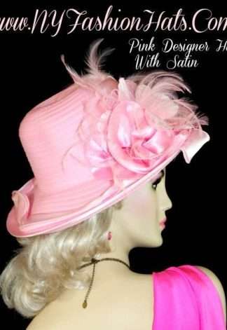 Ladies Pink Designer Hat Velvet Flowers Feathers Satin Edge Dress Hats