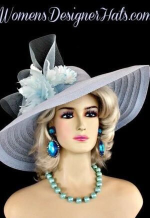 Baby Blue Wide Brim Designer Fashion Wedding Hat Orchids Dress Hats N9934