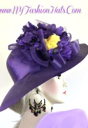 Ladies Purple Wide Brim Designer Hat With Yellow Roses Flowers Hats 