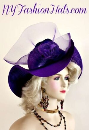 Women's Purple Designer Satin Braid Wide Wavy Brimmed Fashion Hat Adorned With A Large Purple Crinoline Bow, Enhanced With A Hand Made Velvet Millinery Flower. NY Fashion Hats, www.nyfashionhats.com Specialize In Designer Hats For Women, Hats For Weddings, Cocktail Hats, Haute Couture Hats For Women, High Fashion Hats, Hats For Brides, Kentucky Derby Hats, Preakness Stakes Hats, Belmont Stakes Hats, Royal Ascot Hats, Hats For Horse Races, World-Class Thoroughbred Horse Racing Hats, Custom Harness Racing Hats For The Racetrack, Melbourne Cup Hats, Del Mar Race Track, Santa Anita Park, Dubai World Cup, Virginia Gold Cup, Saratoga NY Racetrack, Hats For Casino Stage And Entertainment Shows, Hats For Formal Affairs. Garden Tea Party Hats, Mother Of The Bride Or Groom Hats, Church Hats, Easter Sunday Hats, And Hats For Dress-Up Events. Ladies Purple Wide Brimmed Satin Designer Dress Hat NY Fashion Hats