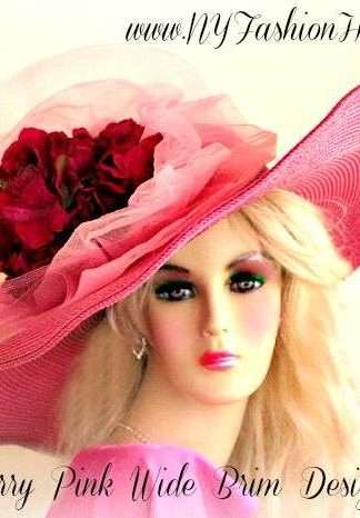 Women's Raspberry Pink Wide Brim Designer Hat Fashion Hats Races UYV