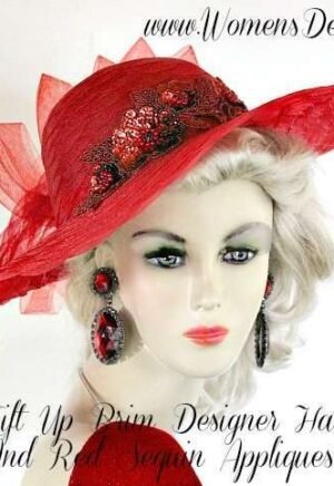 Red Wide Brim Designer Fashion Women's Hat, Kentucky Derby Hats