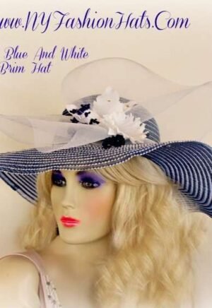Royal Blue And White Wide Brim Designer Hat With Flowers Ladies Hats