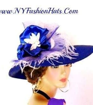 Royal Blue White Wide Brim Dressy Church Wedding Hat For Women 3VCK