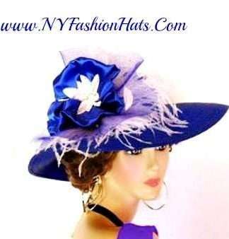 Royal Blue White Wide Brim Dressy Church Wedding Hat For Women 3VCK