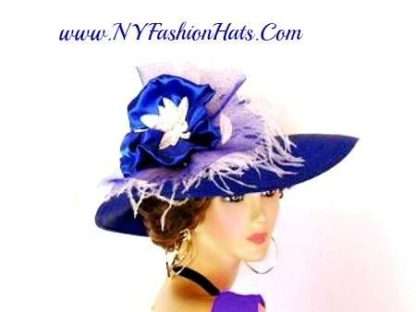 Royal Blue White Wide Brim Dressy Church Wedding Hat For Women 3VCK