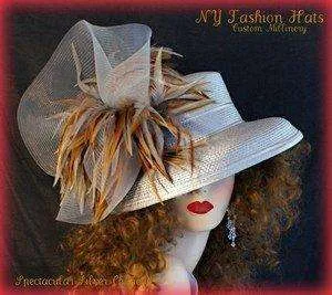 Silver Grey Designer Hat With Brown Grey Beige Tan Feathers  2JWP