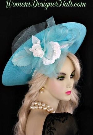 Turquoise Blue Designer Church Hat White Roses, Women's Designer Hats