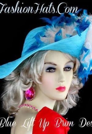 Ladies Turquoise Blue Hat With White Feathers, Designer Dress Hats
