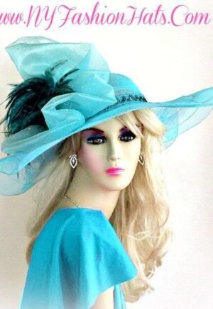 Ladies Turquoise Blue Wide Brim Designer Dress Hat Fashion Hats 4VCE