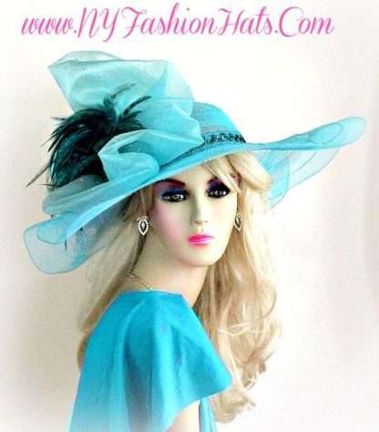 Ladies Turquoise Blue Wide Brim Designer Dress Hat Fashion Hats 4VCE