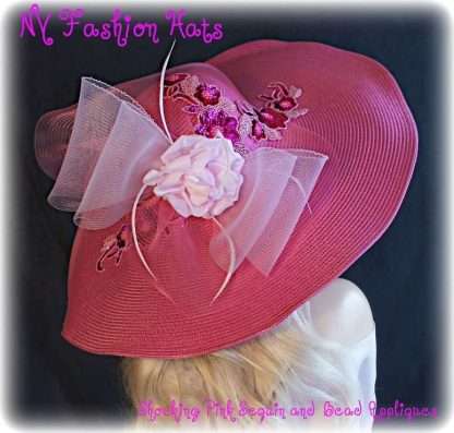 Woman's Pink Rose Stylish Wide Brimmed Fashion Dress Hat, Couture Millinery