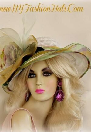 White Olive Green Purple Hat With Feather And Flowers Ladies Hats 4T