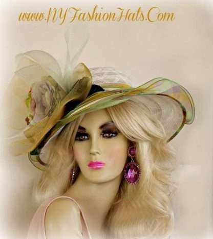 White Olive Green Purple Hat With Feather And Flowers Ladies Hats 4T