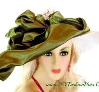 White Wide Brim Hat Olive Green Satin Bow Ladies Formal Hats 9QCP