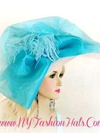 Ladies White Turquoise Designer Wedding Hat Dressy Fashion Hats 214