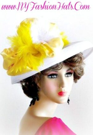 White Designer Formal Hat With Yellow Feathers Ladies Tea Hats 4RCP
