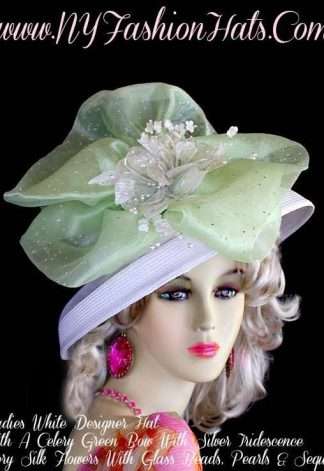 Women's White Celery Green Ivory Designer Hat With Flowers, Dress Hats 