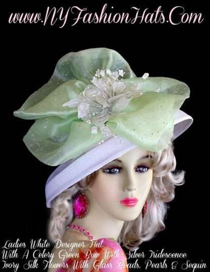 Women's White Celery Green Ivory Designer Hat With Flowers, Dress Hats