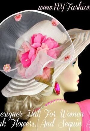 White Designer Hat With Pink Flowers Olive Green Leaves, Fashion Hats