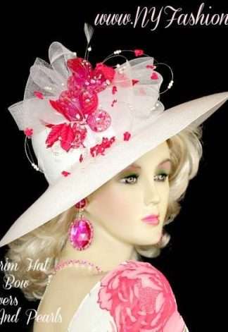 White Wedding Kentucky Derby Hat With Hot Pink Flowers NY Fashion Hats