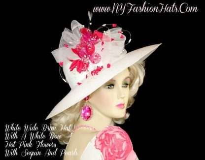 White Wedding Kentucky Derby Hat With Hot Pink Flowers NY Fashion Hats