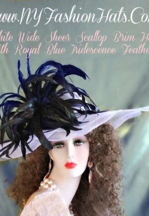 White Kentucky Derby Hats With Royal Blue Feathers NY Fashion Hats