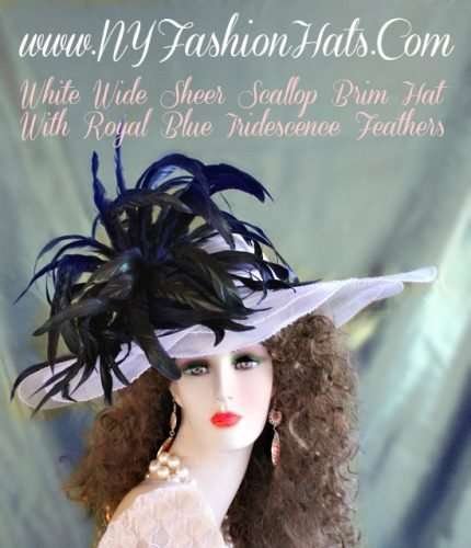 White Kentucky Derby Hats With Royal Blue Feathers NY Fashion Hats
