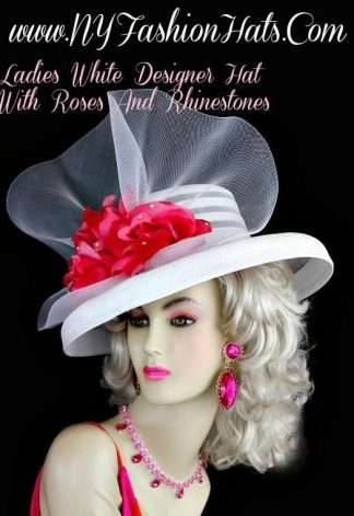 White Designer Formal Hat With Pink Roses Rhinestones, NY Fashion Hats